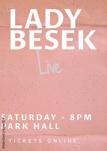 Illustration of lady besek live, saturday 8pm park hall, tickets online text on pink background photo