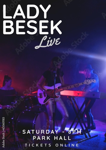 Caucasian rock band on stage and lady besek live, saturday 8pm park hall, tickets online text