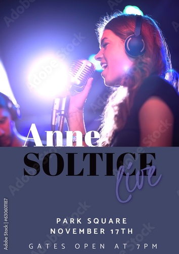 Anne soltice live, park square, november 17th, gates open at 7pm, caucasian woman singing on stage photo