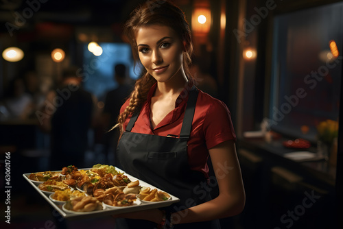 A waitress carrying a tray of food