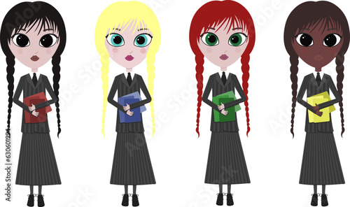 set of four school girls, students. vector set of four schoolgirls in uniform