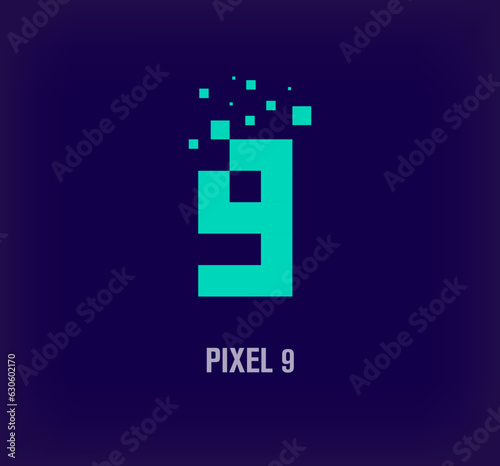 Creative pixel number 9 logo. Unique digital pixel art and pixel explosion template. vector