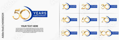 set of anniversary logotype gold color and blue ribbon for special celebration event