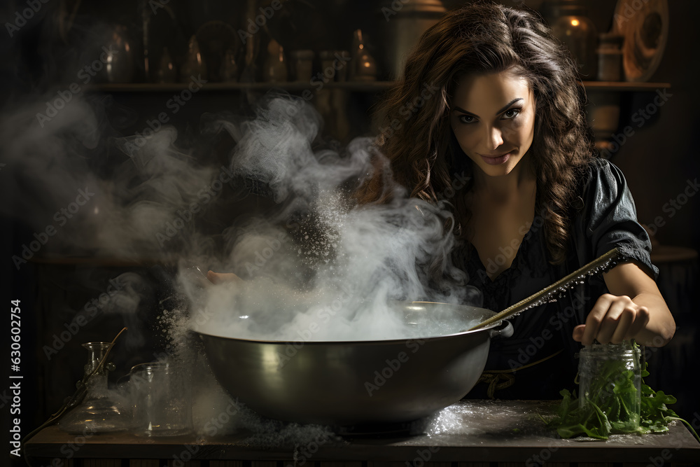 A witch stirring a cauldron with smoke and bubbles. Halloween celebration background A witch stirring a cauldron with smoke and bubbles. Halloween celebration background