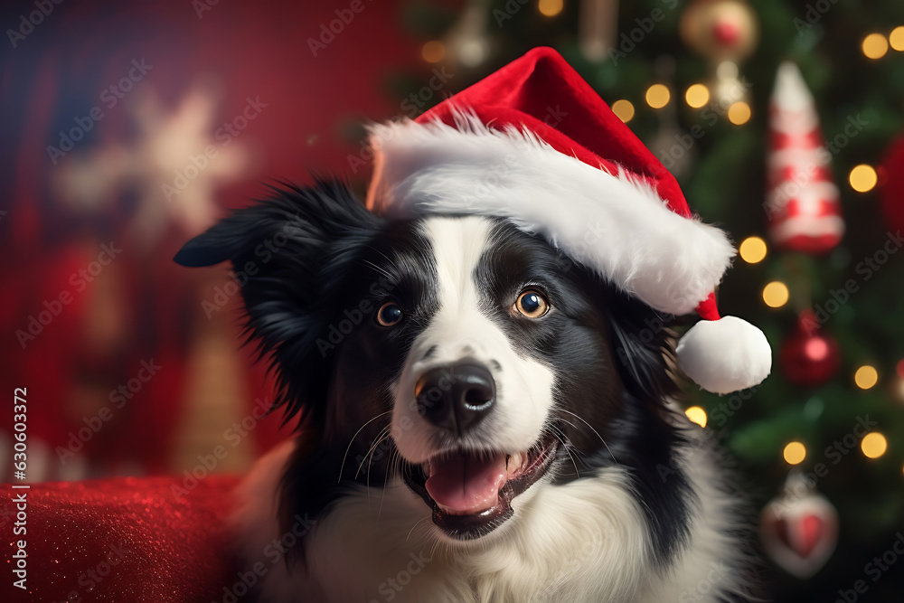 cute happy Border Collie dog wearing a Santa hat under a Christmas tree cute happy Border Collie dog wearing a Santa hat under a Christmas tree