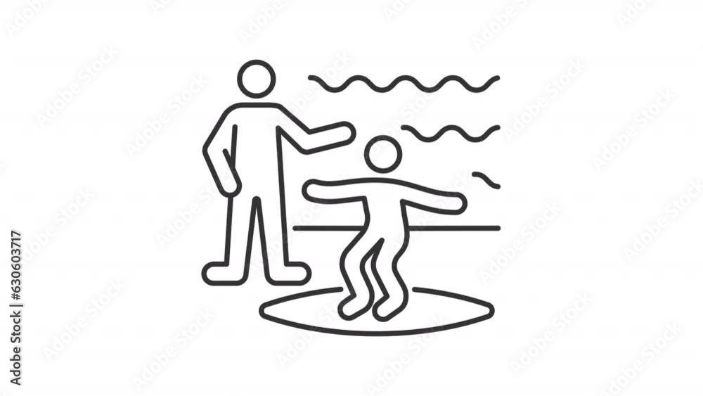 Surfing lesson animated icon. Instructor teaching teenage to stand on surfboard line animation. Skill training. Black illustration on white background. HD video with alpha channel. Motion graphic Surfing lesson animated icon. Instructor teaching teenage to stand on surfboard line animation. Skill training. Black illustration on white background. HD video with alpha channel. Motion graphic