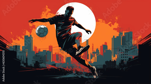 街の中でサッカーボールを蹴る若者のグラフィック Young man kicking football in urban city graphic design. Created by generative Ai photo