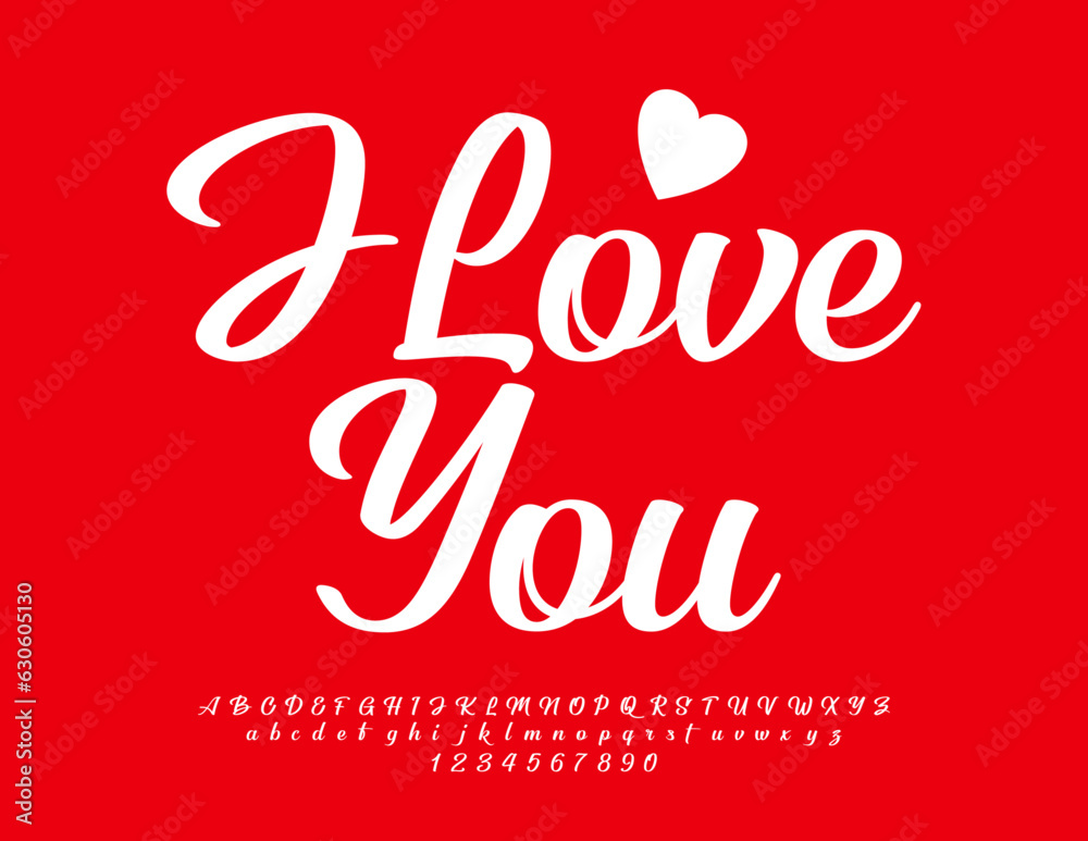 Vector romantic card I Love You with decorative Heart. White calligraphic Font. Cursive Alphabet Letters and Numbers set
