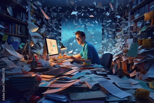 Canvas Print IT office worker overwhelmed by an amount of sheets paper work, hard working con