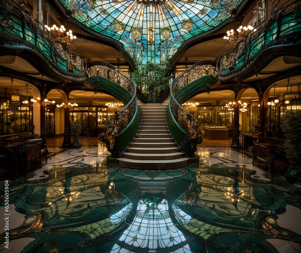 atrium interior spiral staircase art nouveau style made with generative ...
