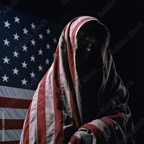Scary portrait of a person in a scarf covered by American flag
