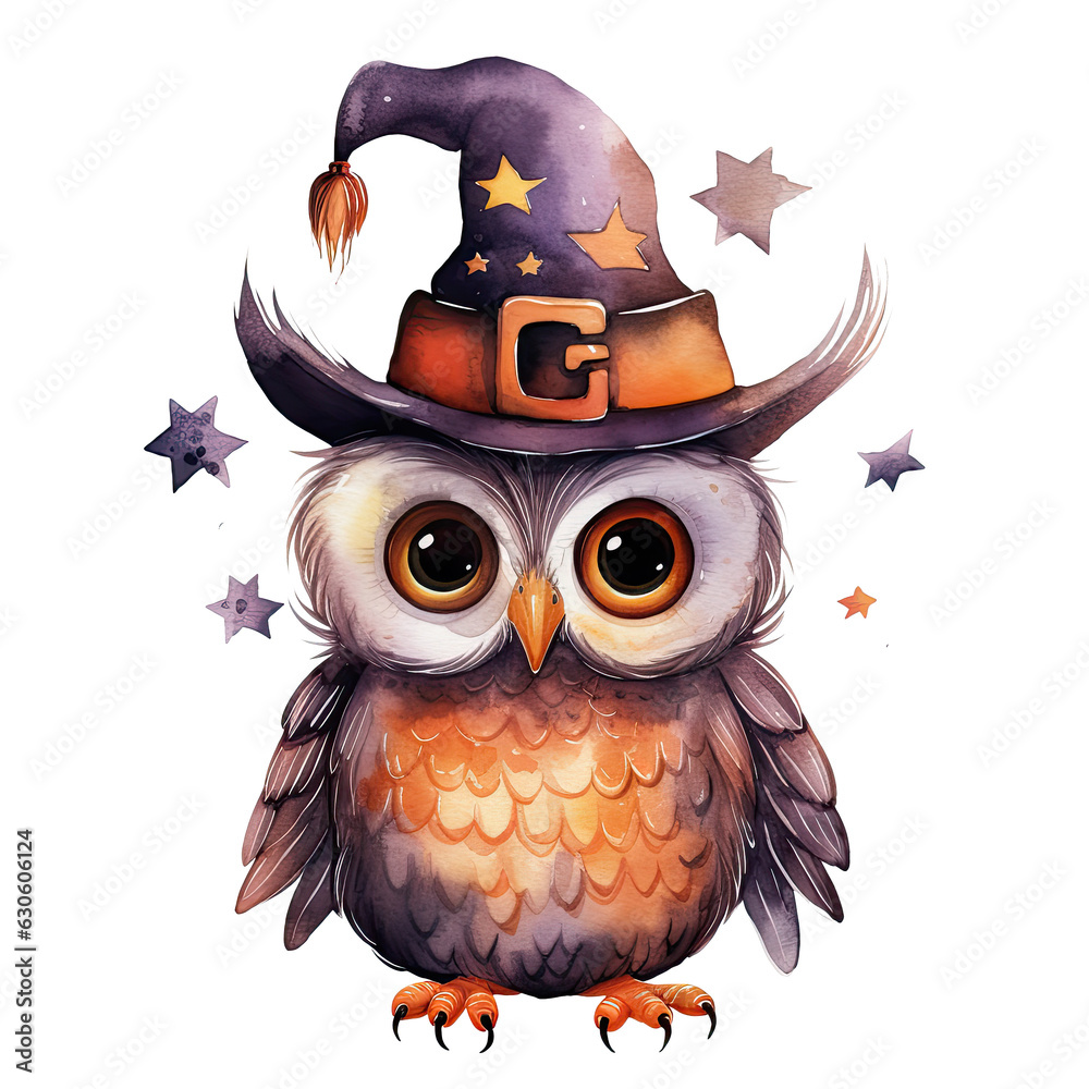 Naklejka premium Watercolor Cute Owl, Halloween Theme, ai genterated