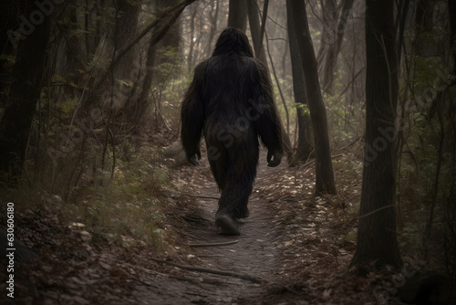 Murais de parede bigfoot in the woods walking at day time, neural network generated photorealisti