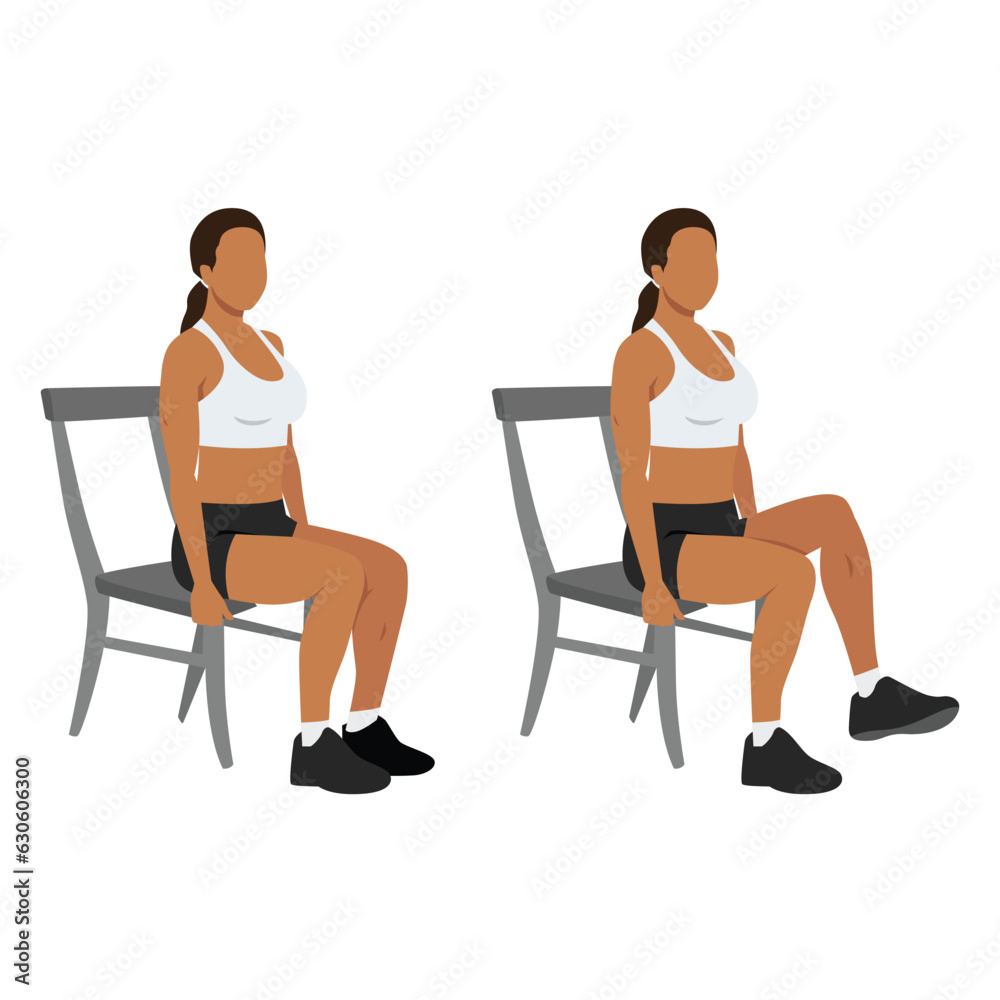 Woman doing seated knee lifts or seated knee elevations. Flat vector