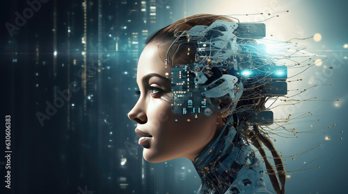 Woman face ai side view technology background circuit future cyberpunk