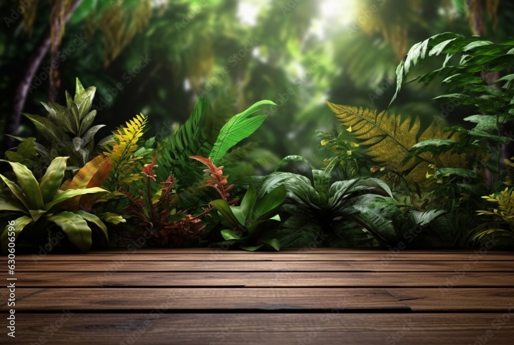 Beautiful blurred tropical forest background view with empty wooden table for mockup product display. generative ai Beautiful blurred tropical forest background view with empty wooden table for mockup product display. generative ai