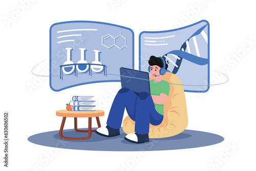 A student watches an educational video for a science class.