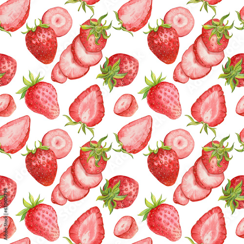 Fototapeta Naklejka Na Ścianę i Meble -  Strawberry background on a white background. Watercolor seamless texture of ripe red berries for summer cover, botanical wallpaper pattern, product packaging, textile.