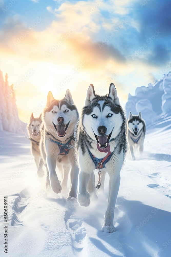 husky sled dogs running over an arctic snow field - created using generative AI tools husky sled dogs running over an arctic snow field - created using generative AI tools