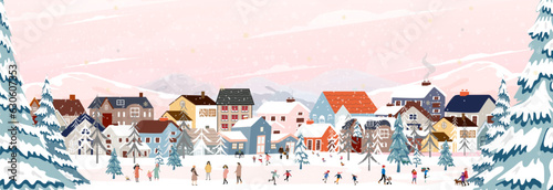 Winter Landscape Background,Christmas night in City,Vector banner cute Winter Wonderland in the town,People celebration in the park on New Year,Banner Design for Merry Christmas,New year 2024 card