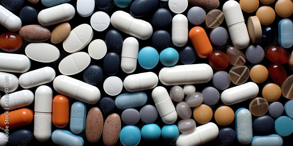 Medicine tablets, pills and capsules filling the frame edge to edge. ai generative art. Medicine tablets, pills and capsules filling the frame edge to edge. ai generative art.