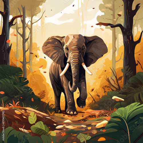 ELEPHANT IN THE FOREST WITH BACGROUND STYLE CARTOON AI GENERATIVE 