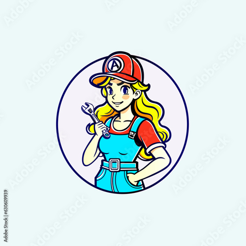 Creative isolated design of a mascot of a pretty and young blondie girl worker with an adjustable wrench in her hand in cartoon anime style with a cute smile on her beautiful face