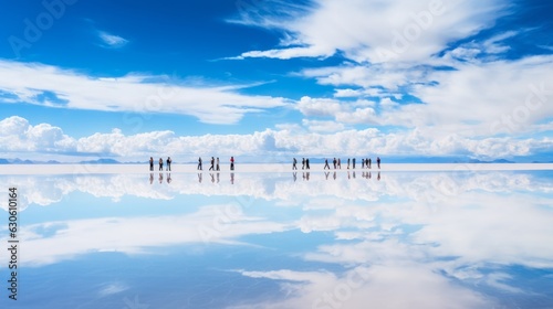 Photo of people standing in the middle of Salar de Uyuni in Bolivia, the worlds largest salt flat. Created with Generative AI technology photo