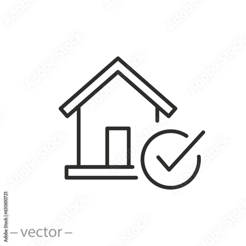 icon of building with check mark, house approved, thin line symbol - editable stroke vector illustration