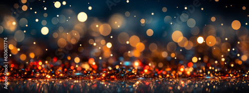 colorful gold and red firework and dark black blue night sky with bokeh lights in the background,generative ai photo
