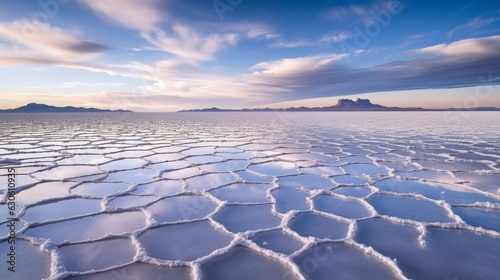 Photo of Salar de Uyuni in Bolivia, the worlds largest salt flat. Surrounded by clouds - reated with Generative AI technology with misty clouds above created with Generative AI technology