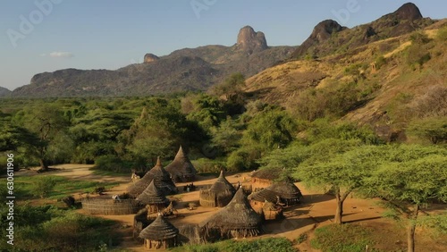 Aerial view of a Larim tribe village Imatong South Sudan photo