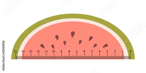 Vector cute measuring ruler. School ruler in the shape of watermelon slice. Fruit measuring tool. Student ruler with kawaii watermelon. Centimeter scales.