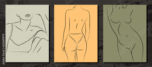 Set of abstract minimalistic female figure. Elegant art. Portrait and figure line.