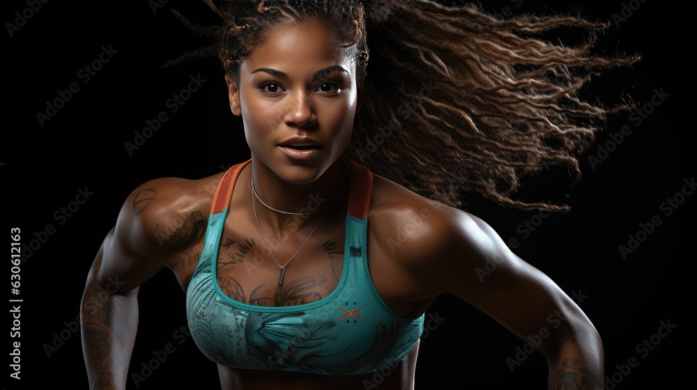 Determined Female Athlete in Mid-Air Sprint on Outdoor Track Determined Female Athlete in Mid-Air Sprint on Outdoor Track