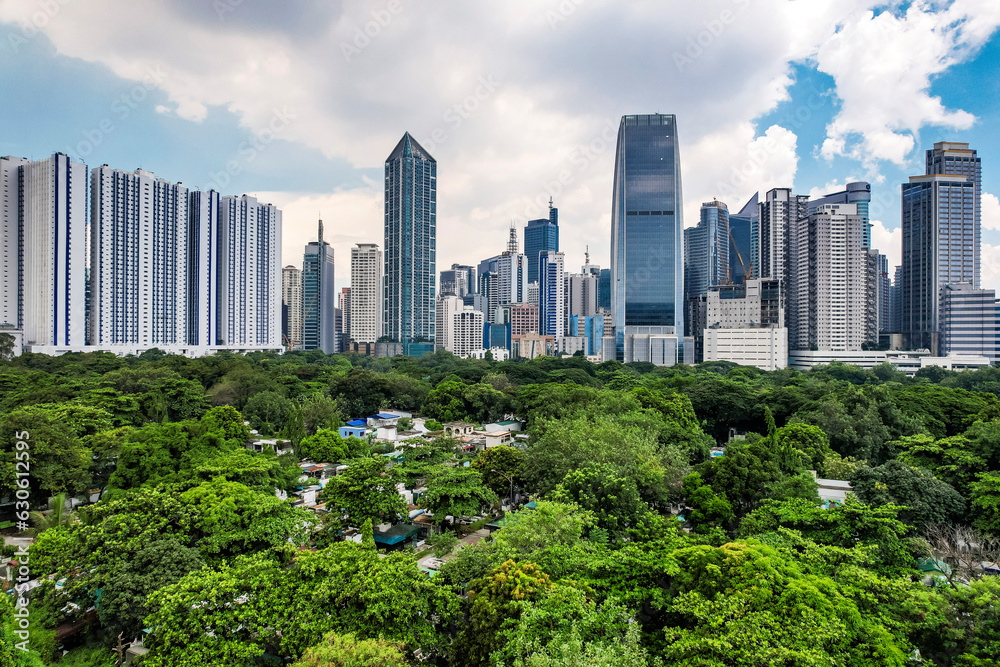 Makati, Metro Manila, Philippines - Aerial view of the Makati Skyline as seen from Manila South Cemetery.