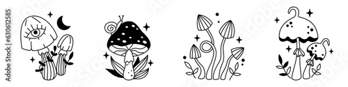 Vector halloween magic set of mushrooms and stars in black color. Mystical line fungi. Outline celestial elements. Fairytale magic mushroom collection. Witchy esoteric mystic mushrooms.