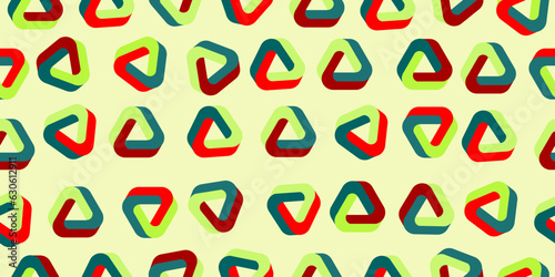 Vector seamless tricolor impossible triangles pattern on a light yellow background. Impossible shapes - tricolor colorful triangles. Optical illusion