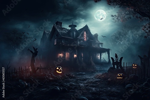 Spooky haunted house with eerie decorations, fog, and chilling sound effects, creating a thrilling and immersive Halloween experience - Generative AI