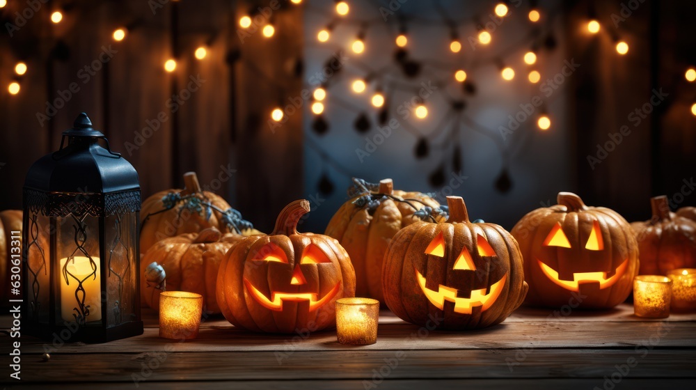 Fototapeta premium jack o lantern pumpkin on wooden table with copy space, Generative AI