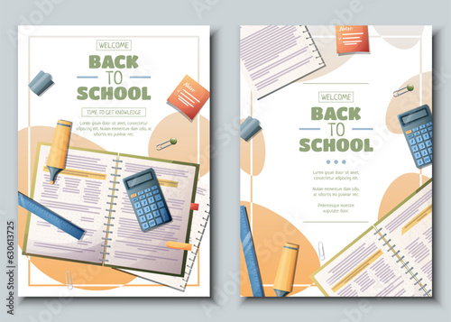 Set of flyer template with notebook with calculator and pencil. School time, back to school, education. Flyer, poster, banner size a 4