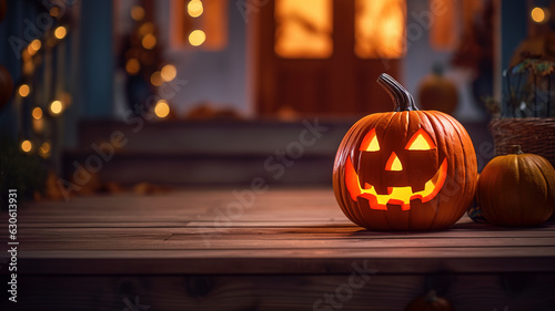 Halloween carved pumpkin on the porch outside