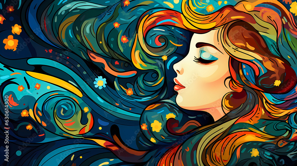 Hand-painted beautiful girl illustration under the starry sky
