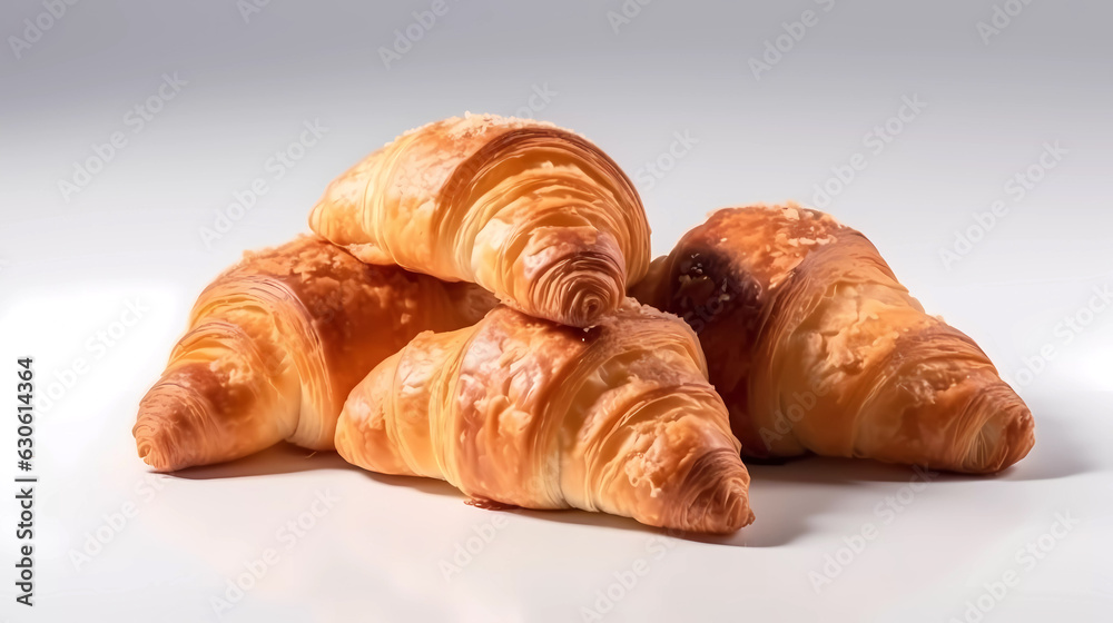 Isolated fresh, rosy croissants. Generative AI technology. Isolated fresh, rosy croissants. Generative AI technology.