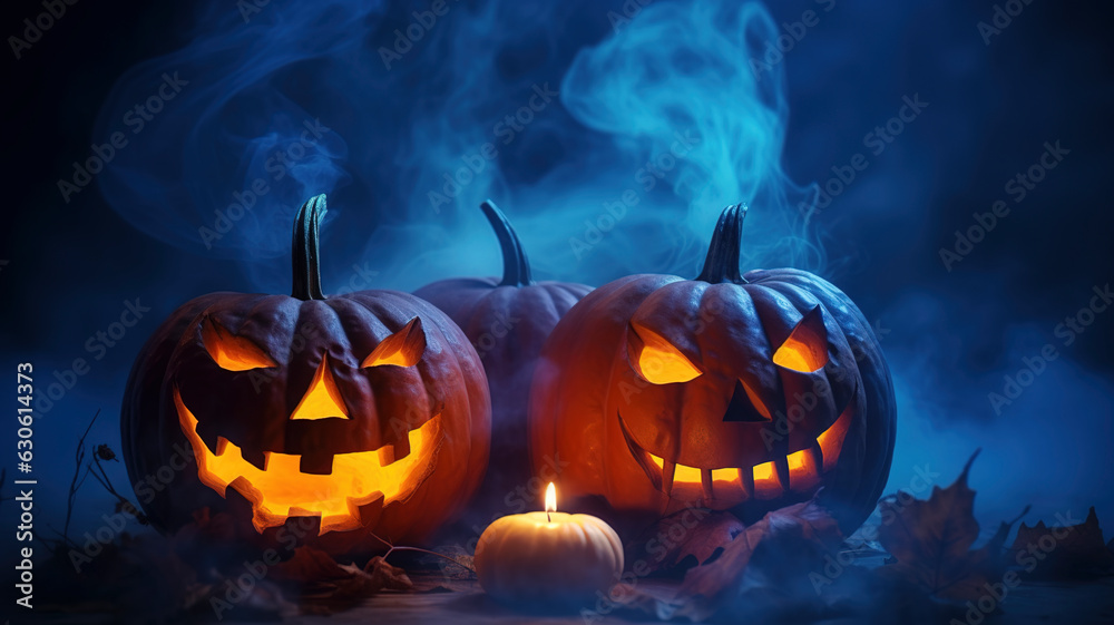 Fototapeta premium Halloween carved pumpkin with flickering candle