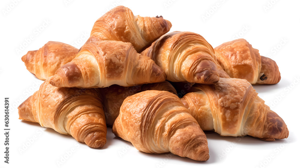 Isolated fresh, rosy croissants. Generative AI technology.