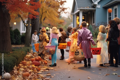 Trick-or-treaters in colorful costumes going door-to-door, eagerly collecting candy and treats from neighbors during the Halloween night - Generative AI