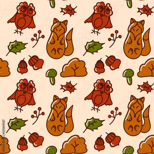 Autumn seamless pattern. Cute fox, owl, acorn, mushroom and leaves. Vector illustration. Ideal for use in textiles, paper designs, home decor, and other creative projects photo