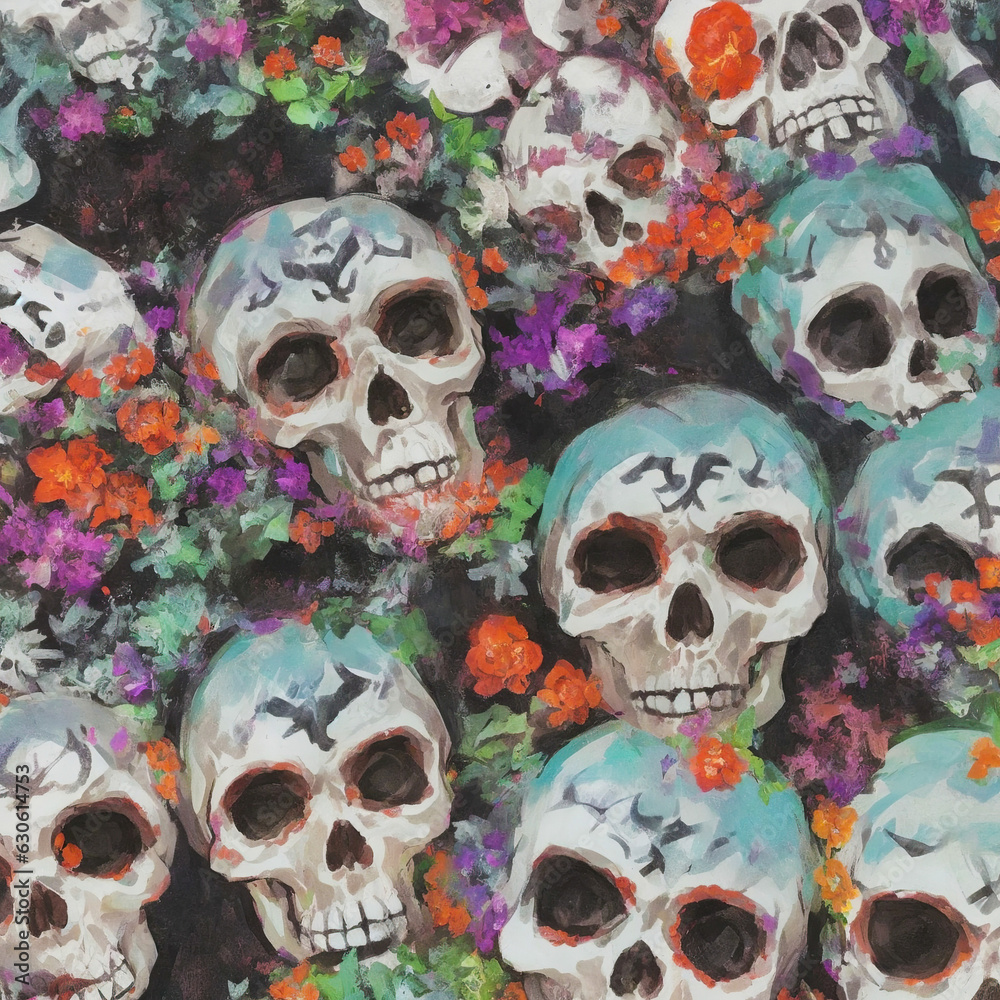 Day of the dead, Dia de los muertos, Watercolor illustration with flowers and skulls Day of the dead, Dia de los muertos, Watercolor illustration with flowers and skulls