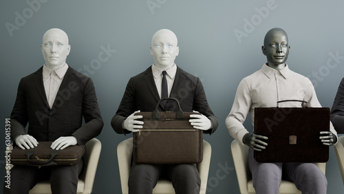 group of Futuristic android robots sitting on a chair and waiting for a job interview, AI and innovation concept